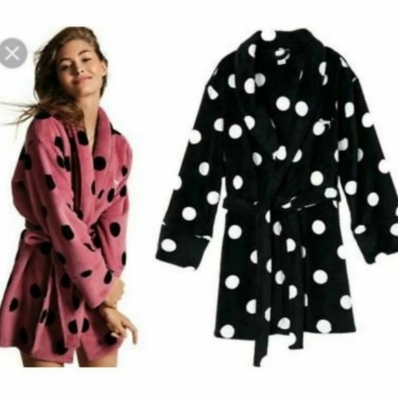 Y2K PINK Victorias Secret Plush Polka Dot Robe M/L - Picture 2 of 6